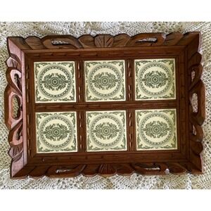 Vintage 6 Piece Tile Hand Carved Wood Talavera Tile Tray Avocado Green